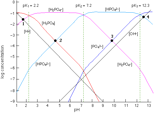 log-C vs pH diagram for phosphate system phosphoric acid